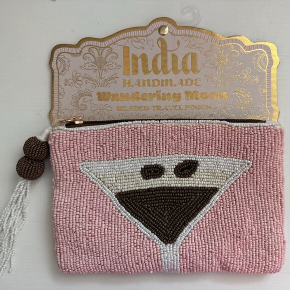 NWT Handmade in India Pink Espresso Martini Travel Beaded Pouch Viral SHIPS FAST - Picture 1 of 1